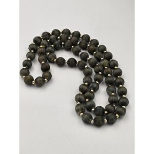 Vintage Antique Green Silk Wrapped Bead Necklace Gold Silver Tone Spacers Long